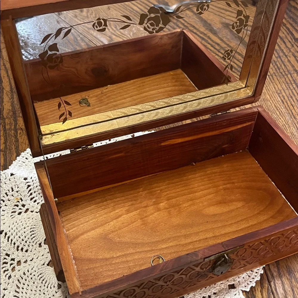 Vintage cedar Carved Wooden Jewelry Box with Painted Cottage Scene - Brown